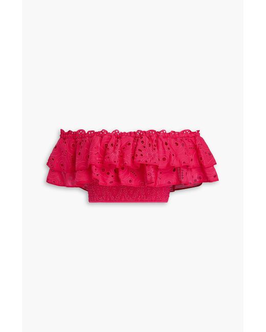 Charo Ruiz Red Clara Cropped Off-The-Shoulder Broderie Anglaise Cotton-Blend Top