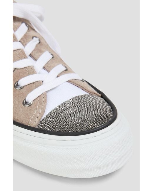 Brunello Cucinelli White Bead-Embellished Suede And Stretch-Knit Sneakers