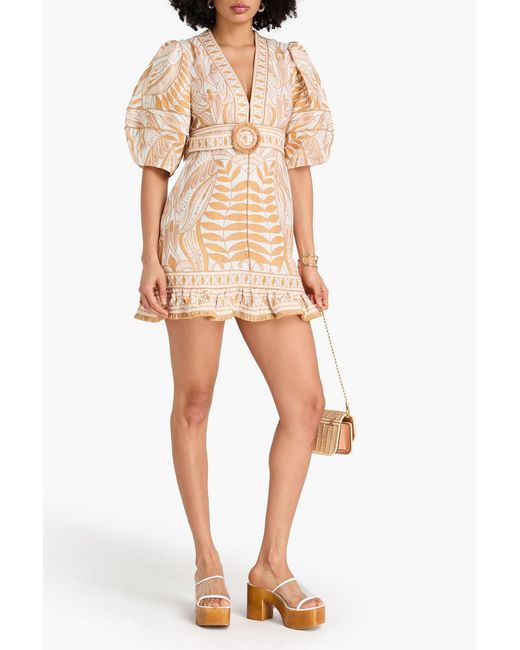 Farm Rio Natural Belted Printed Linen Mini Dress