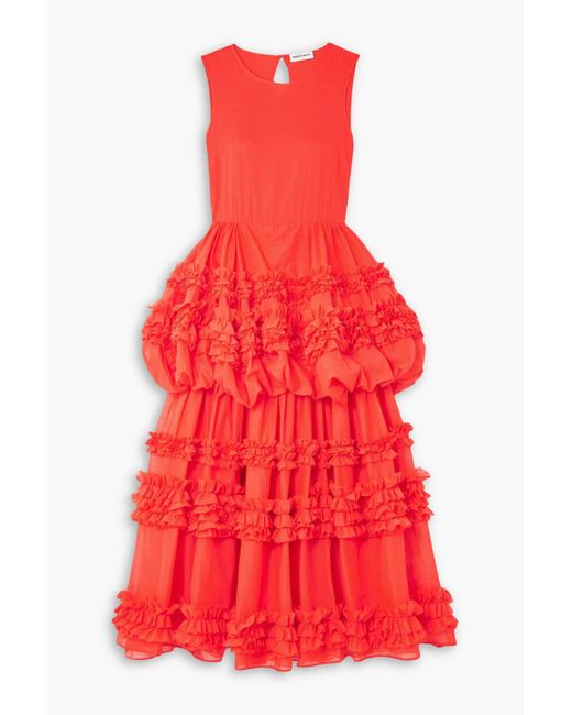 Molly Goddard Red Dolores Ruffled Tie Cotton-voile Maxi Dress