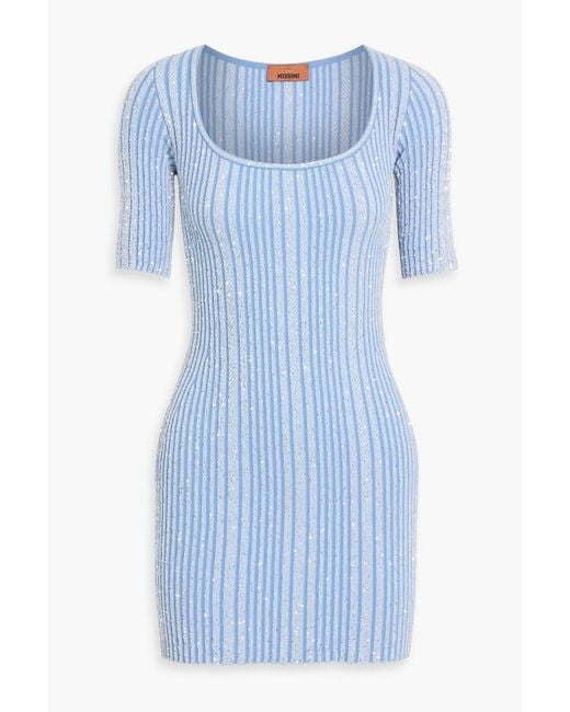 Missoni Blue Sequin-Embellished Ribbed-Knit Mini Dress