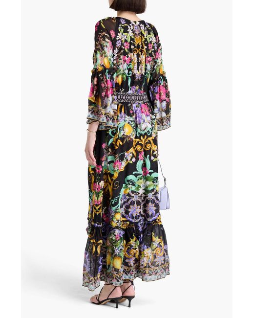 Camilla Black Maxikleid aus crêpe de chine aus seide und voile mit floralem print und verzierung