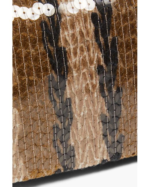 Brunello Cucinelli Natural Embellished Snake-print Tweed And Suede Shoulder Bag