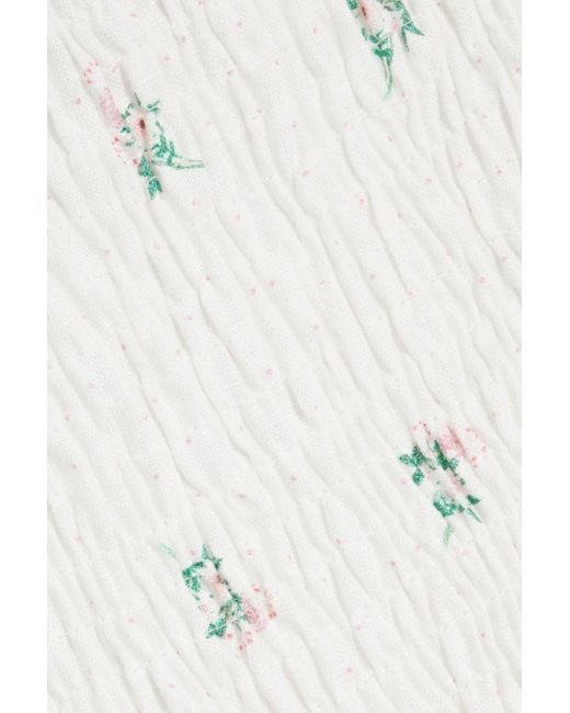 Sleeper White Belle Shirred Floral-print Linen Midi Dress