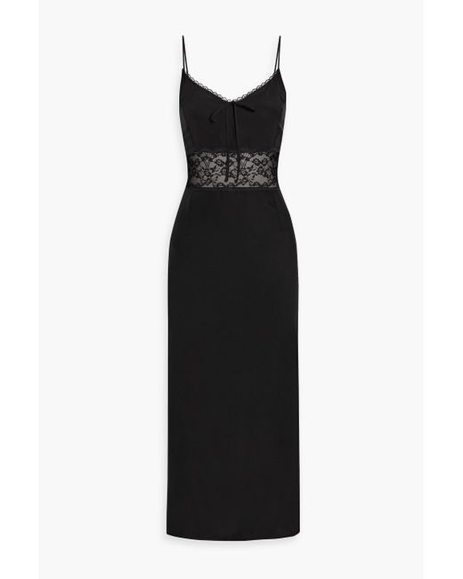 HVN Black Chrissy Lace-paneled Silk-satin Midi Dress