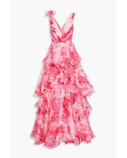 Marchesa Pink Tiered Printed Chiffon Gown