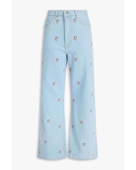 Farm Rio Blue Embroidered High-rise Wide-leg Jeans