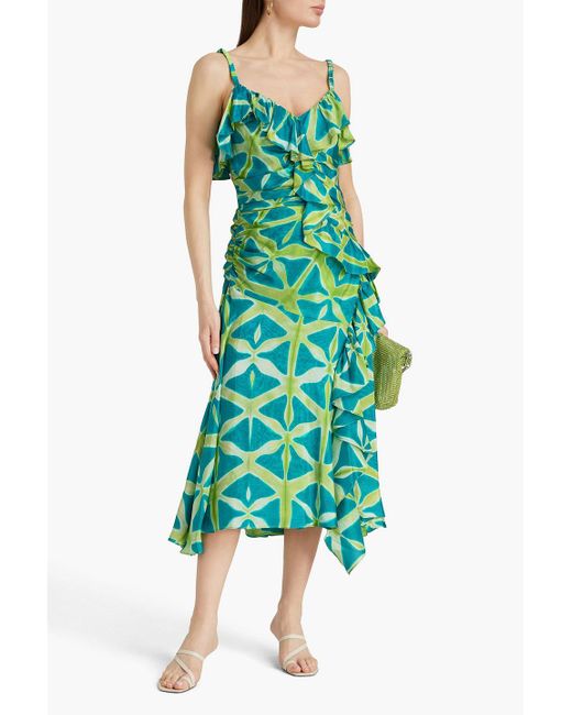 Ulla Johnson Green Zoya Ruffled Printed Silk-satin Midi Dress