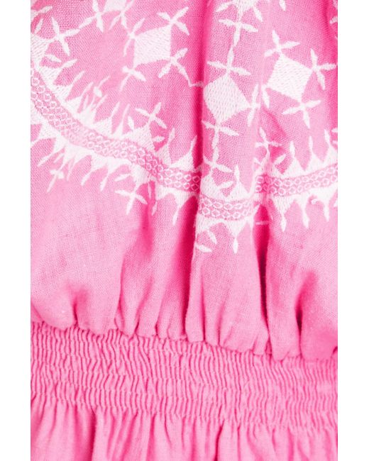 Melissa Odabash Pink Martina Gathered Embroidered Cotton And Linen-blend Mini Dress