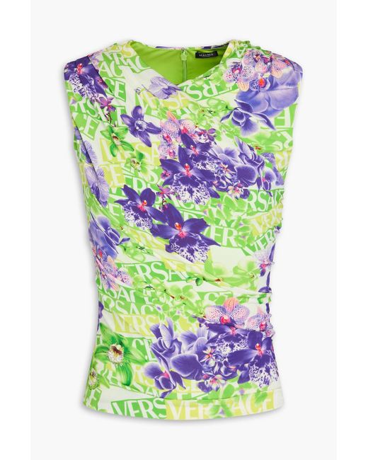 Versace Gray Draped Printed Stretch-Jersey Top