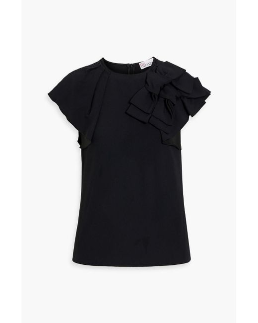 RED Valentino Black Bow-detailed Ruffled Satin-crepe Top