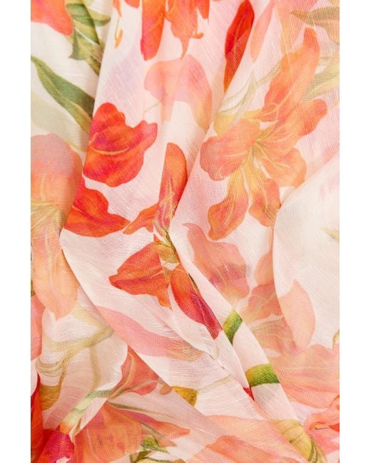 Zimmermann Red Strapless Floral-Print Linen And Silk-Blend Peplum Top