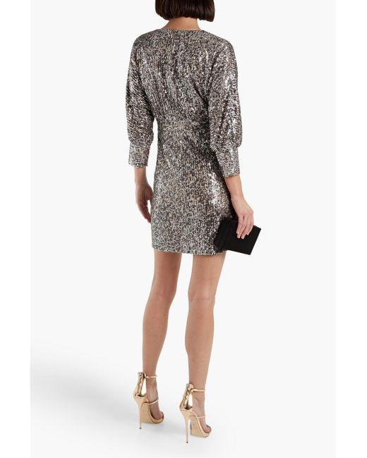 ONE33 SOCIAL Gray Wrap-effect Sequined Tulle Mini Dress