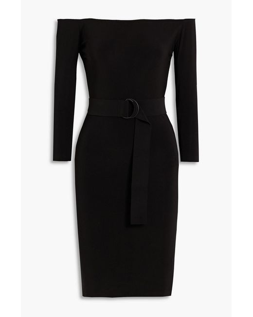 Norma Kamali Black Off-the-shoulder Belted Stretch-jersey Mini Dress