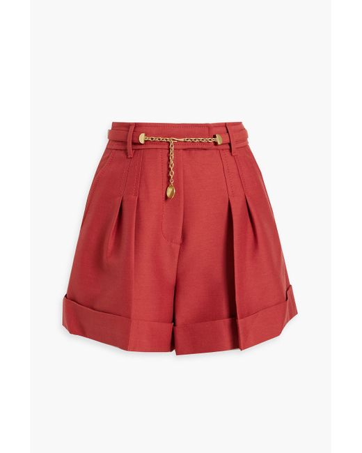 Zimmermann Red Belted Pleated Wool-blend Shorts