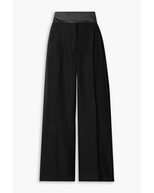 Stella McCartney Black Pleated Satin-trimmed Wool-crepe Straight-leg Pants