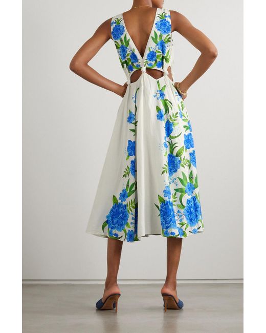 Farm Rio Blue Cutout Floral-print Linen-blend Midi Dress