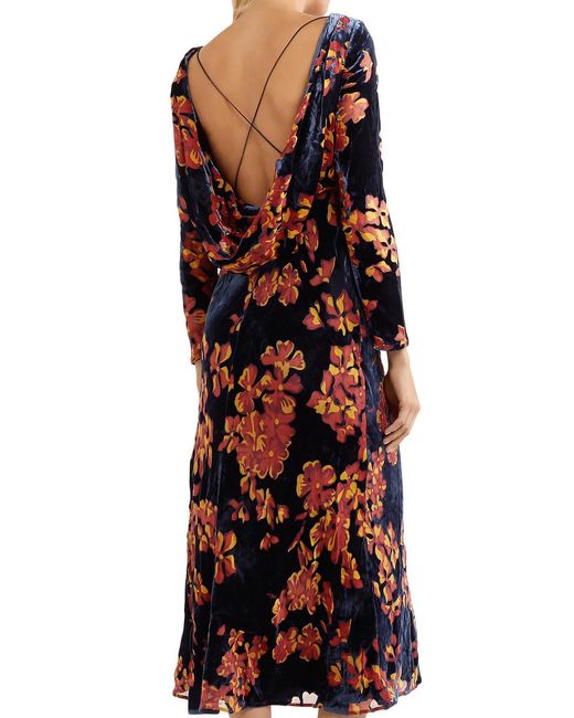Saloni Red Floral-print Velvet Midi Dress