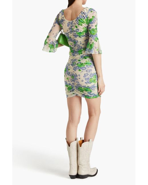Ganni Green Gerafftes minikleid aus mesh mit floralem print und schleife