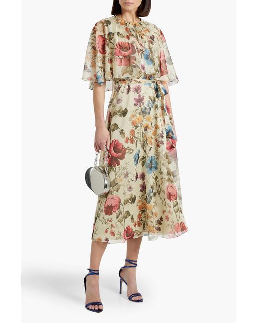 Mikael Aghal Metallic Layered Floral-Print Chiffon Midi Dress