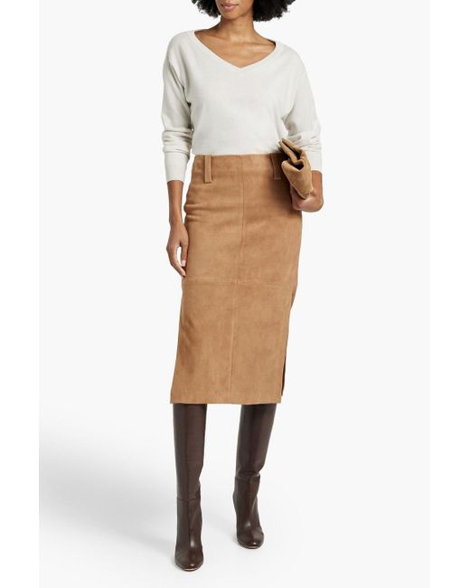 Brunello Cucinelli Brown Bead-embellished Suede Midi Skirt