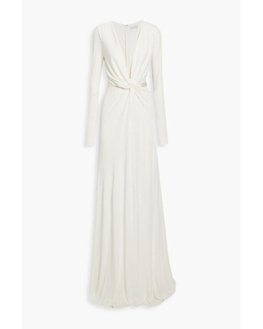 Halston Heritage White Sofia Twist-front Crystal-embellished Jersey Gown