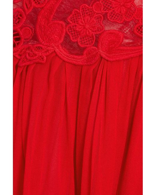 Costarellos Red Gathe Silk-chiffon And Crocheted Lace Gown