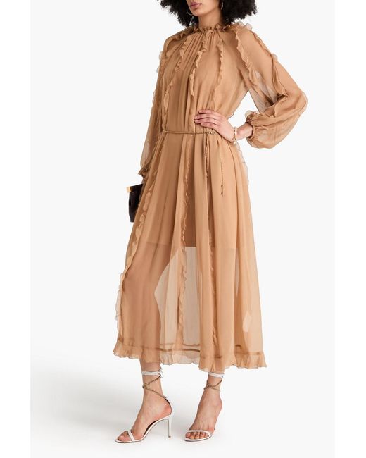 Zimmermann Natural Belted Ruffled Silk-Georgette Midi Dress
