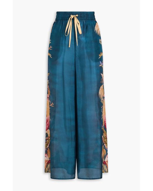 Zimmermann Blue Floral-Print Silk Wide-Leg Pants