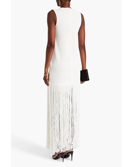 Hervé Léger White Fringed Ribbed-knit Gown