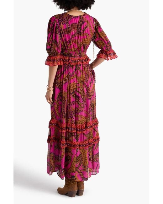 Farm Rio Red Ruffled Printed Georgette Maxi Dress