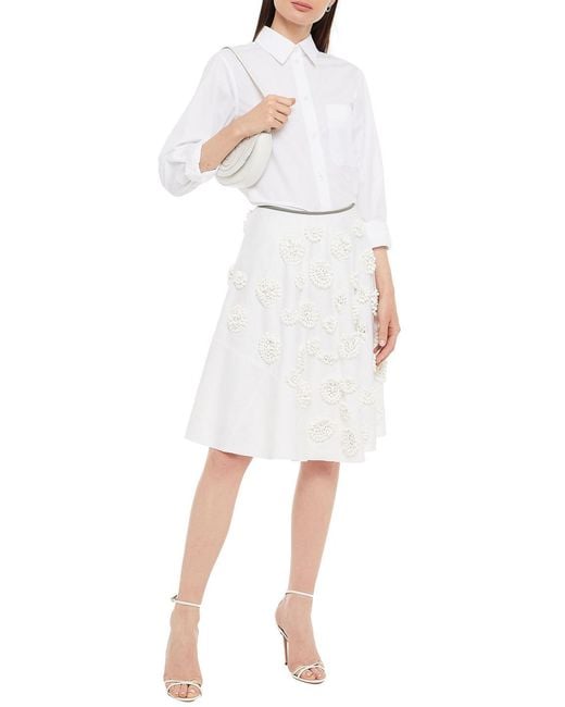 Prada White Bead-embellished Cotton-twill Skirt