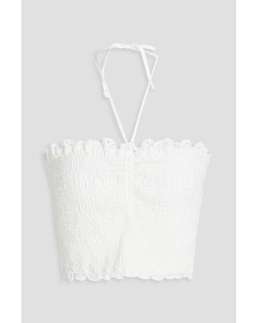 Charo Ruiz White Areth Cropped Shirred Broderie Anglaise Cotton-Blend Halterneck Top