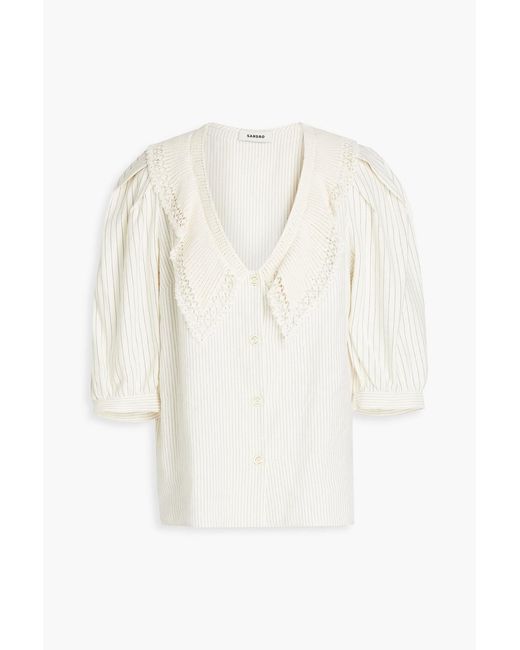 Sandro White Striped Linen-blend Twill Blouse