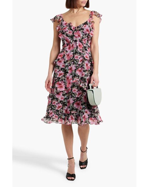 Mikael Aghal Red Ruffled Floral-print Chiffon Dress