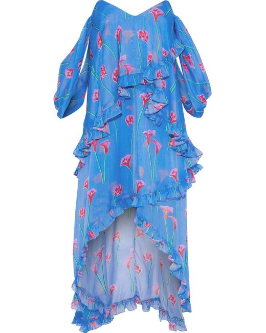 Caroline Constas Blue Melina Off-the-shoulder Draped Floral-print Silk-chiffon Dress