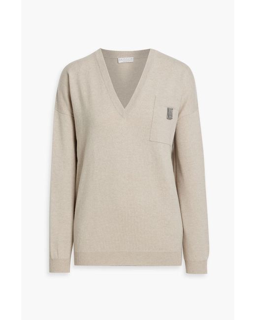 Brunello Cucinelli White Bead-Embellished Cashmere Sweater