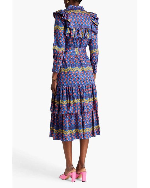 Borgo De Nor Blue Baxley Tiered Floral-Print Cotton-Sateen Midi Dress