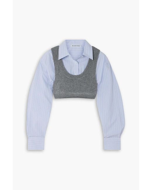 T By Alexander Wang Blue Cropped Layered Wool-blend And Striped Poplin Top