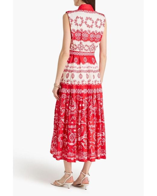 Saloni Red Nya Pleated Floral-Print Linen Midi Shirt Dress