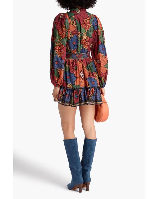 Farm Rio Red Ruffled Printed Crepe Mini Shirt Dress
