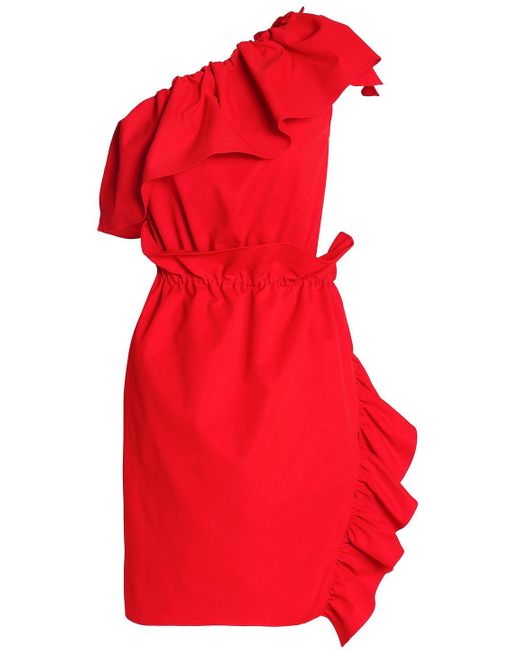 Goen.J Red One-shoulder Ruffle-trimmed Poplin Dress