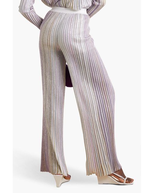 Missoni White Sequin-embellished Striped Ribbed-knit Wide-leg Pants