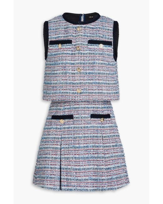 Maje Blue Pleated Metallic Tweed Top And Mini Dress Set