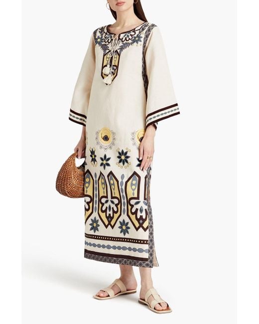 Tory Burch White Embellished Embroidered Linen Kaftan