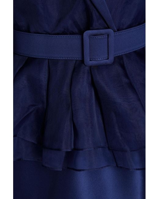Badgley Mischka Blue Wrap-effect Organza-paneled Satin Gown