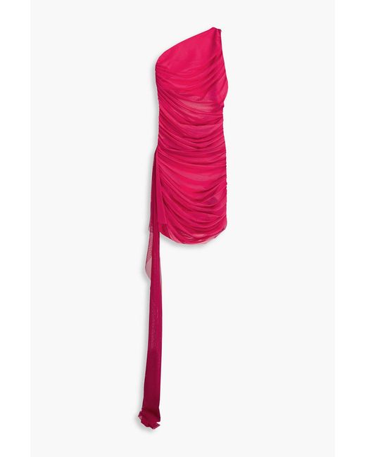 The Sei Pink One-shoulder Draped Stretch-mesh Mini Dress