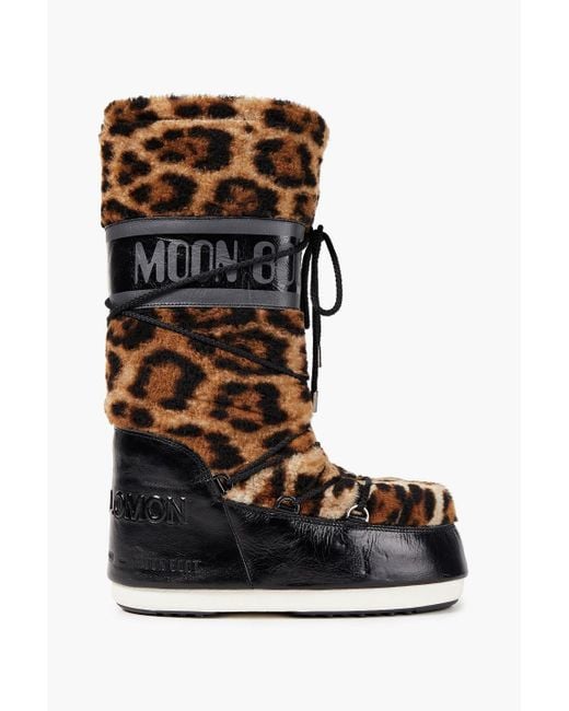 Yves Salomon Black Lace-up Leopard-print Shearling And Cracked Patent-leather Snow Boots
