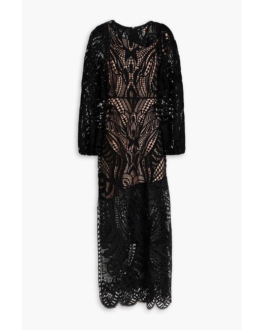 Farm Rio Black Guipure Lace Midi Dress