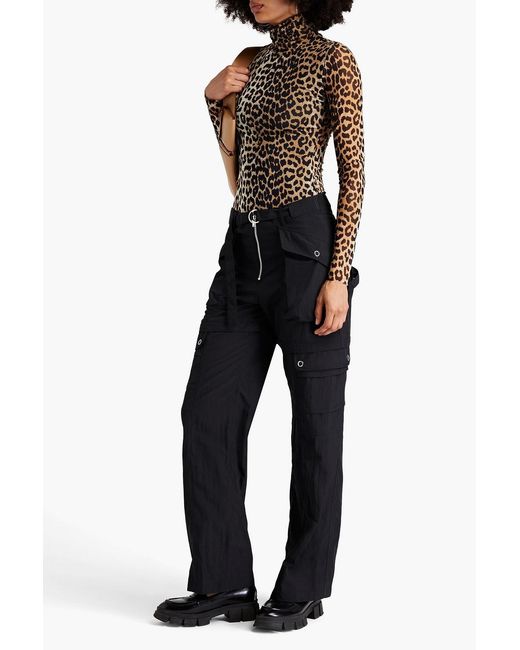 Ganni Brown Snake-print Stretch-mesh Turtleneck Top